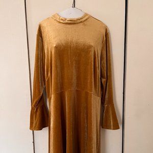 Size 16 Elvi Allover Gold Velvet Skater Dress With Fluted Hem Detail